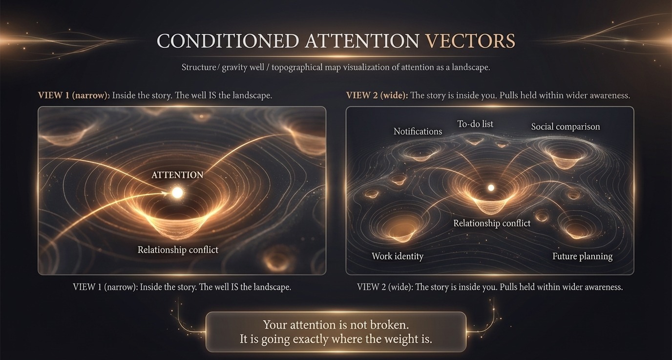 Conditioned attention vectors: gravity wells pulling attention along trained grooves