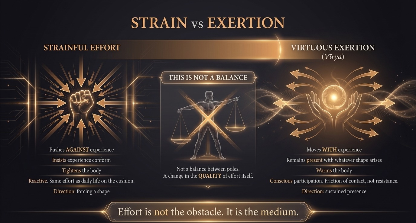 Strainful effort versus virtuous exertion: not a balance but a change in quality
