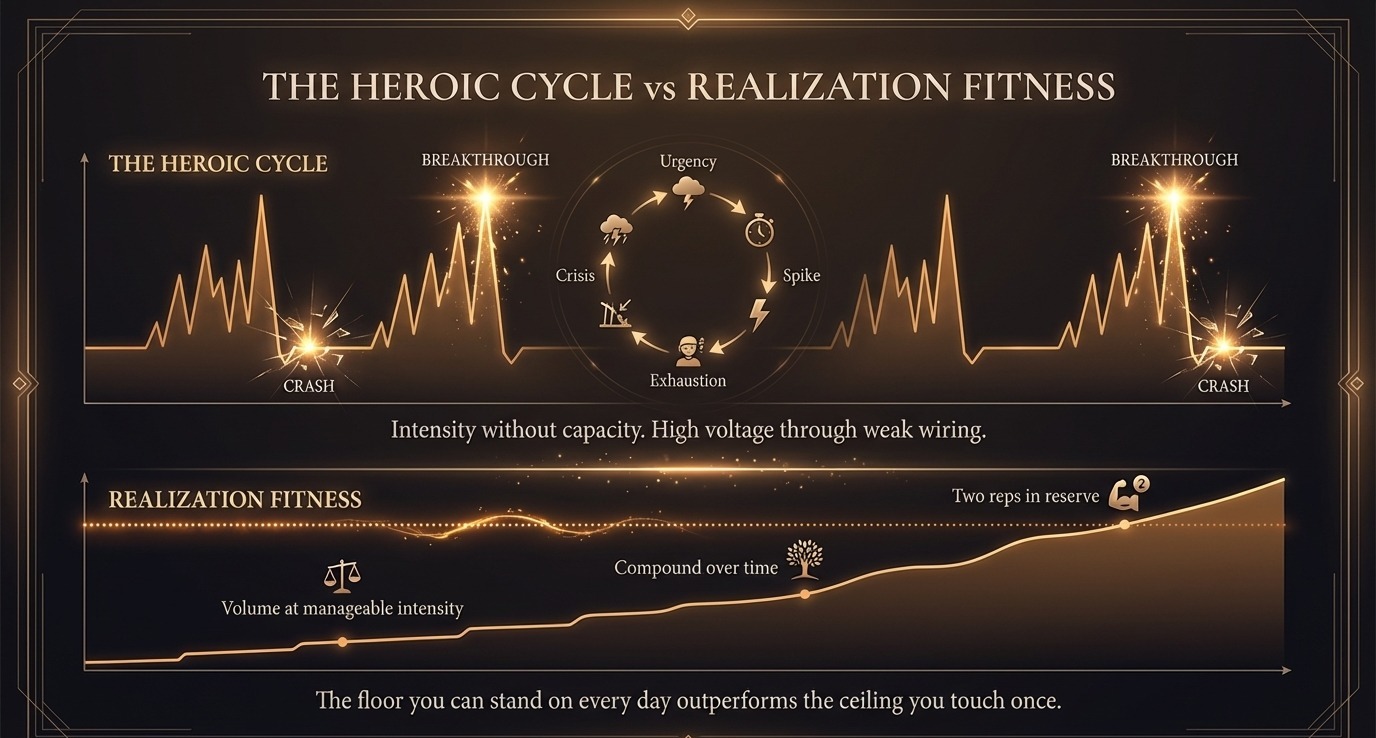 The heroic cycle versus realization fitness: spike-crash pattern versus rising baseline