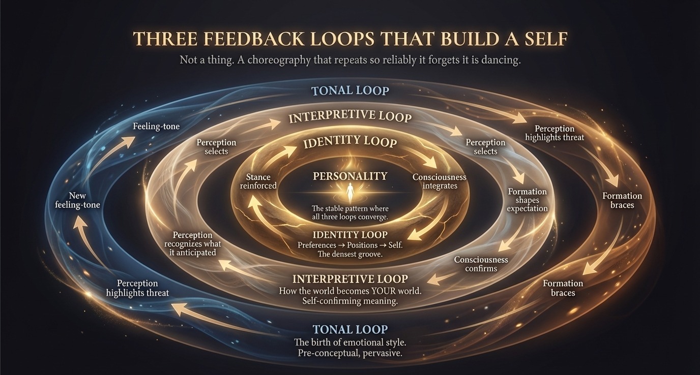 Three feedback loops that build a self: tonal, interpretive, and identity