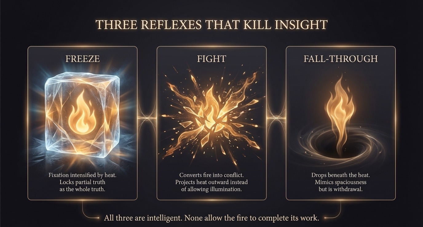 Three reflexes that kill insight: freeze, fight, and fall-through